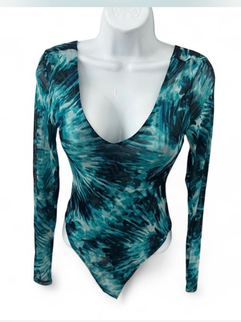 Socialite Teal and Black Tie-Dye Long Sleeve Bodysuit